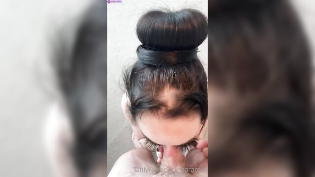 Lara Rose closeup POV blowjob with messy black bun hairstyle