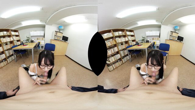 VR POV Asian glasses girl in skirt deepthroating cock closeup