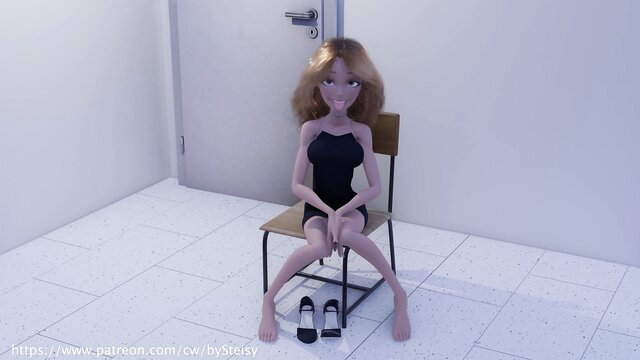 Blonde virgin student in tight black dress sits legs spread on chair