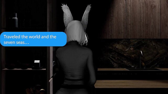 Bunny girl back view in kitchen, white hair and bunny ears