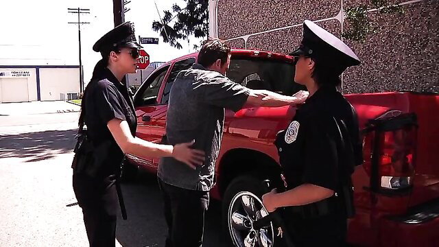 Busty cops Charley Chase Gianna Michaels handcuffing man by red truck
