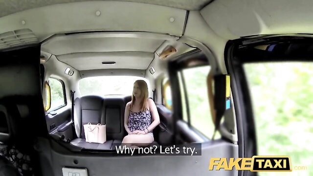 Fake Taxi brunette in floral dress sits legs open in cab backseat