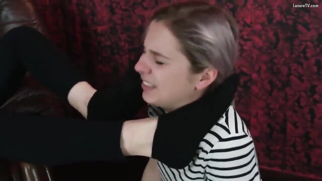 Gray-haired girl facesat by dominant woman in black stockings lezdom trample