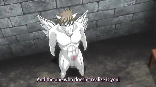 Buff winged horse alien flexing nude in hentai castle scene