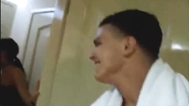 Hot Brazilian college straight guy in towel smirks at camera, verbal PT-BR tease