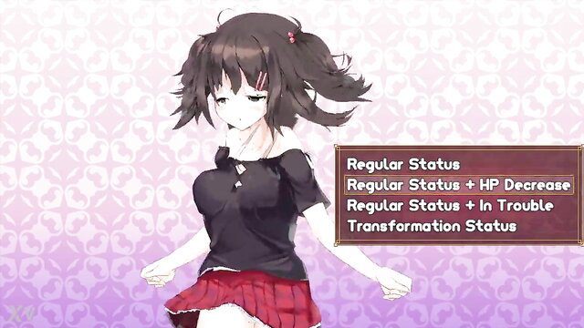 Horny anime girl in black crop top and red skirt, big tits exposed in hentai game scene