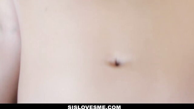Closeup of busty teen stepsister's pale skin and belly button piercing