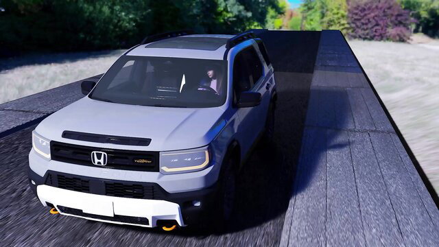 Woman driving silver Honda SUV in scenic road, new life adventure