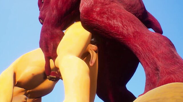 Red hairy monster fucking yellow-skinned victim slut in desert