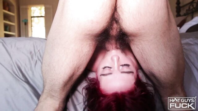 Hairy redhead teen spreads pussy upside down for jock cock