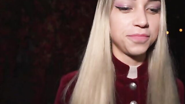 Blonde Elena Vedem closeup in red velvet collar dress POV tease