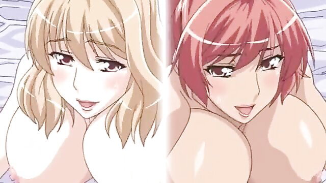 Blonde and redhead busty anime milfs smiling nude together