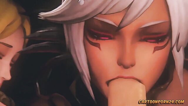 Two 3D hentai babes with white & blonde hair sucking big dick threesome