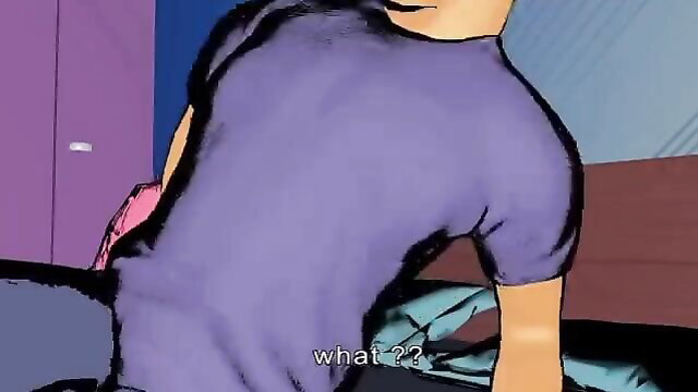 Cartoon Indian bhabhi in tight purple top bent over from behind view