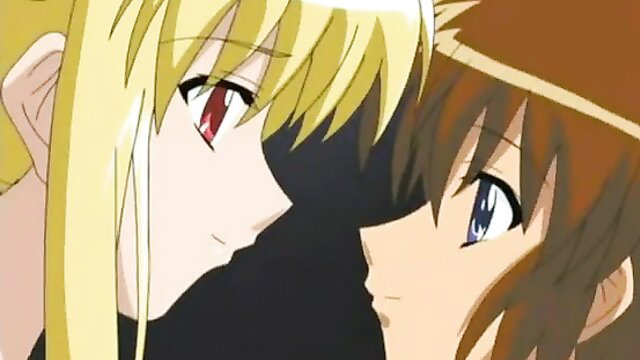 Blonde anime girl with red eyes stares at brown-haired boy in JAV thumbnail
