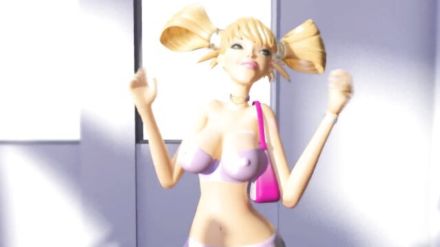 Blonde bimbo with pigtails in pink bikini posing sexy at depot