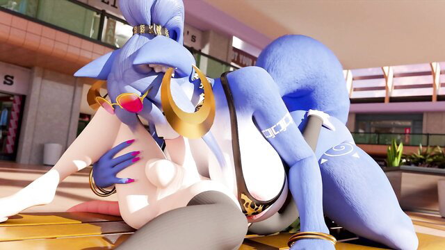 Blue alien furry babe with huge tits and ass in mall lesbian sex