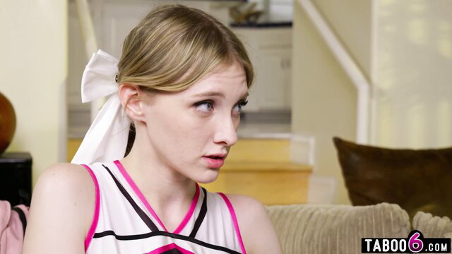 Blonde cheerleader in uniform with shy virgin Diego Perez