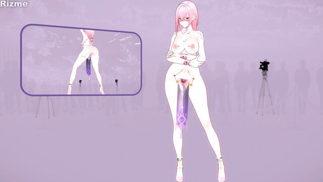 Pink-haired anime hentai girl posing nude with dildo in pussy and mirror reflection