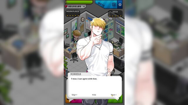 Blond muscular man in white tee thumbs up in Ero Condo office scene