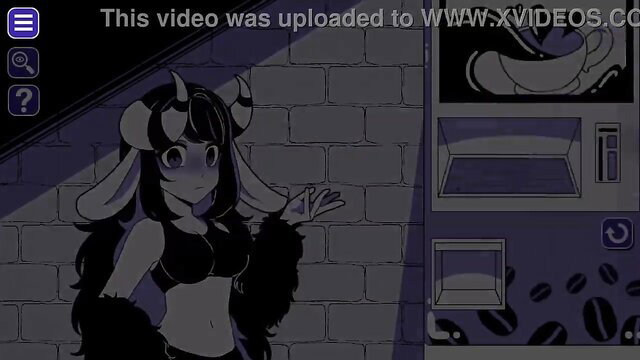 Sexy black anime goat girl with horns poses by coffee machine in skimpy outfit