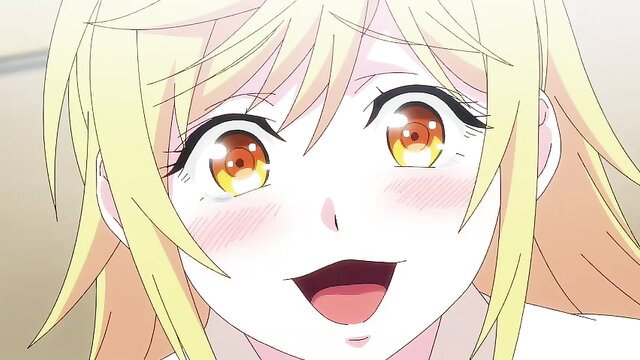 Blonde anime girl with orange eyes smiling excitedly, blush, Shuumatsu no Harem Ep.10