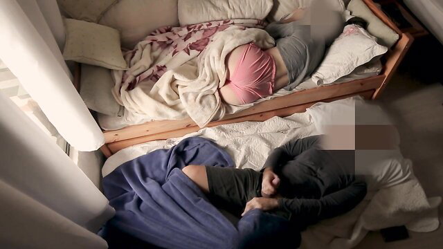 Stepmom in pink headscarf sucking cock Sunday morning blowjob