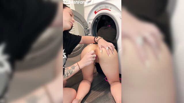 Jameliz stuck under washing machine, stepsis fingers her wet pussy