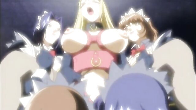 Blonde hentai babe with huge tits in JAV bondage orgy, surrounded by maids