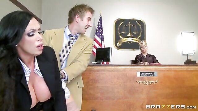 Busty brunette slut fucked by lawyer in courtroom on bench