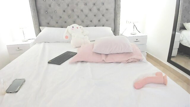 lana_roux's bed with pink dildo, plush bunny, leaked Chaturbate thumbnail