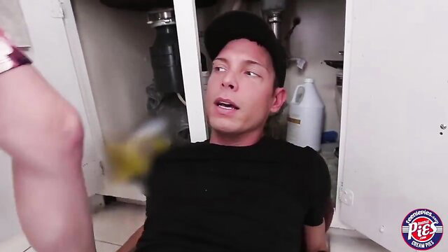 Sydney dominates guy under sink in plumbing fetish action