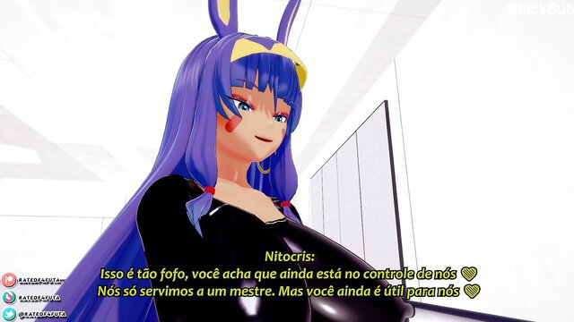 Purple bunny girl Nitocris in tight black dress licks lips seductively