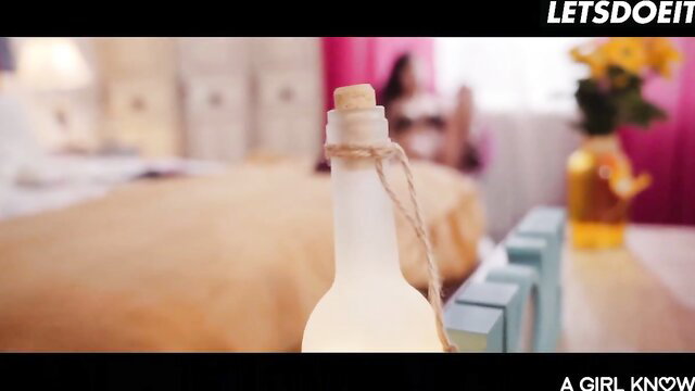 Lesbian girlfriends sex on lazy day with frosted bottle bedside