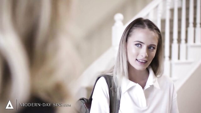 Kyler Quinn in white shirt at stairs, Modern Day Sins scene