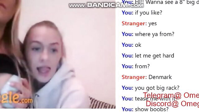 Hot blonde teases big rack on Omegle chat, asks to show boobs