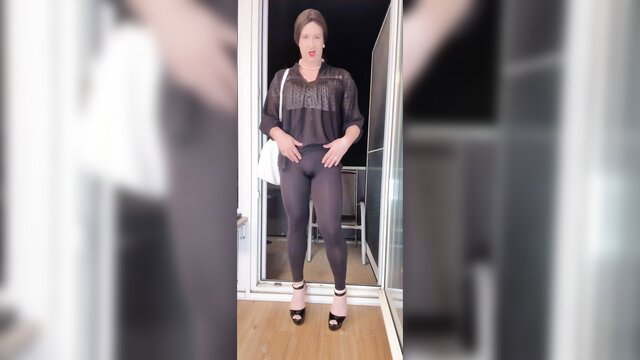HD sissy in sheer top and leggings teases on balcony