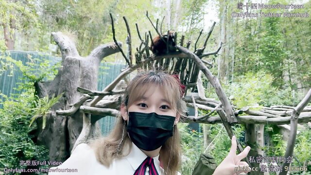 Cute Asian girl in school uniform and mask at zoo, like Yua Mikami