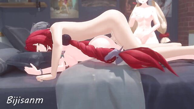 Alice and Yuzuha hentai girls in lesbian scissoring on bed