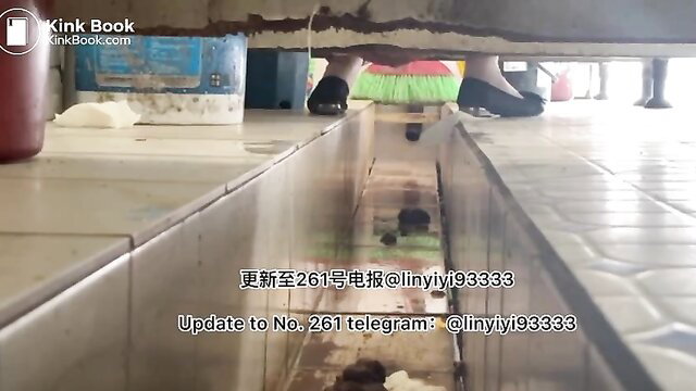 Asian beauty squats over toilet drain pooping closeup view