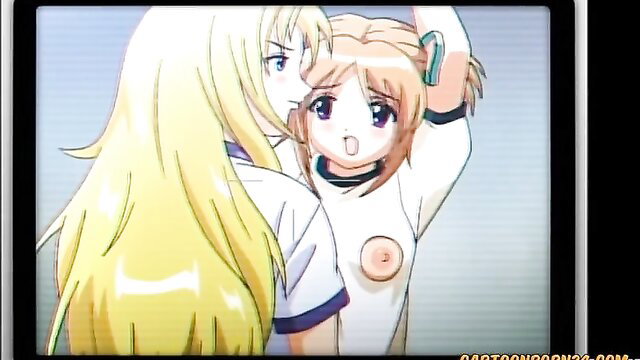 Blonde hentai babe gropes cute girl's exposed tits in steamy yuri scene