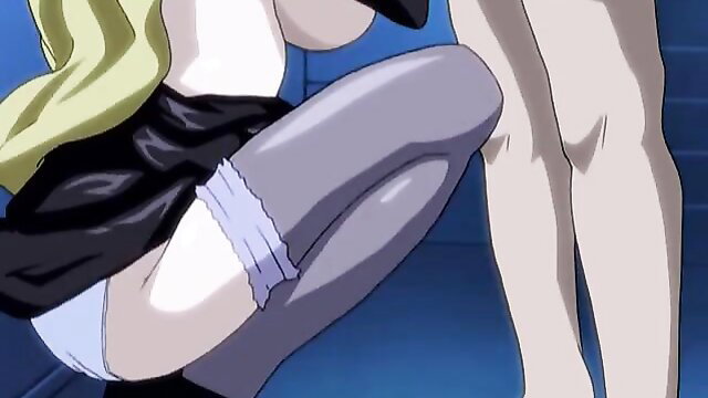 Blonde anime girl in Resort Boin Ep.1 upskirt panties thighhighs squat pose