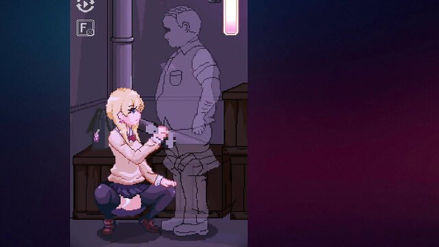 Blonde anime girl in torn skirt squats blowing fat man's cock in dark alley