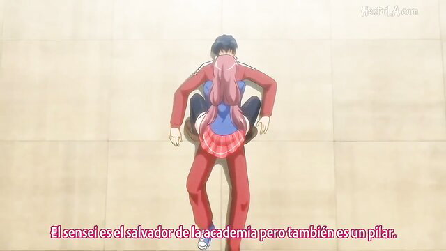 Anime pink-haired schoolgirl piggyback on male teacher in sexy uniform