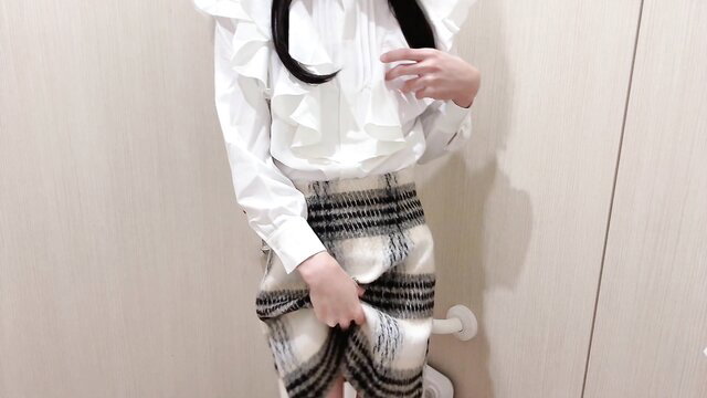Mikan crossdresser in frilly white blouse and plaid skirt skirt upskirt tease
