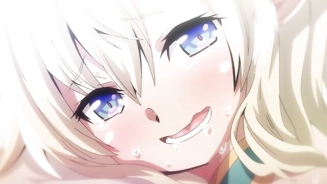 Closeup of cute anime elf girl with blue eyes smiling lewdly, tears of joy