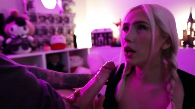 Blonde babe with pigtails gets surprise cum blast on open mouth closeup