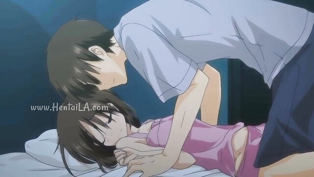 Anime couple in missionary sex, guy kissing petite girl passionately