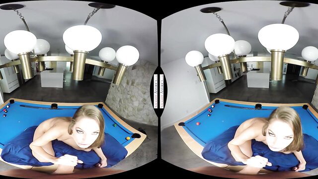 Slim blonde babe nude on pool table, seductive VR pose