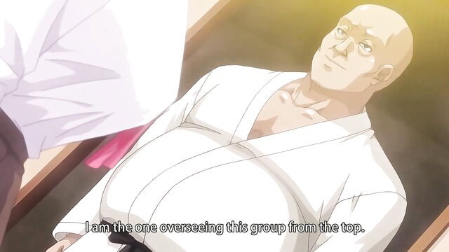 Bald overweight Asian man in white gi overseeing group, Makima hentai style